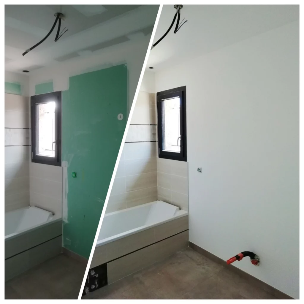 Avant/après, ponçage, mise en peinture sur placo neuf, réalisé par Piquemal Peinture peintre en bâtiment professionnel à saint Cyprien, Perpignan et alentours