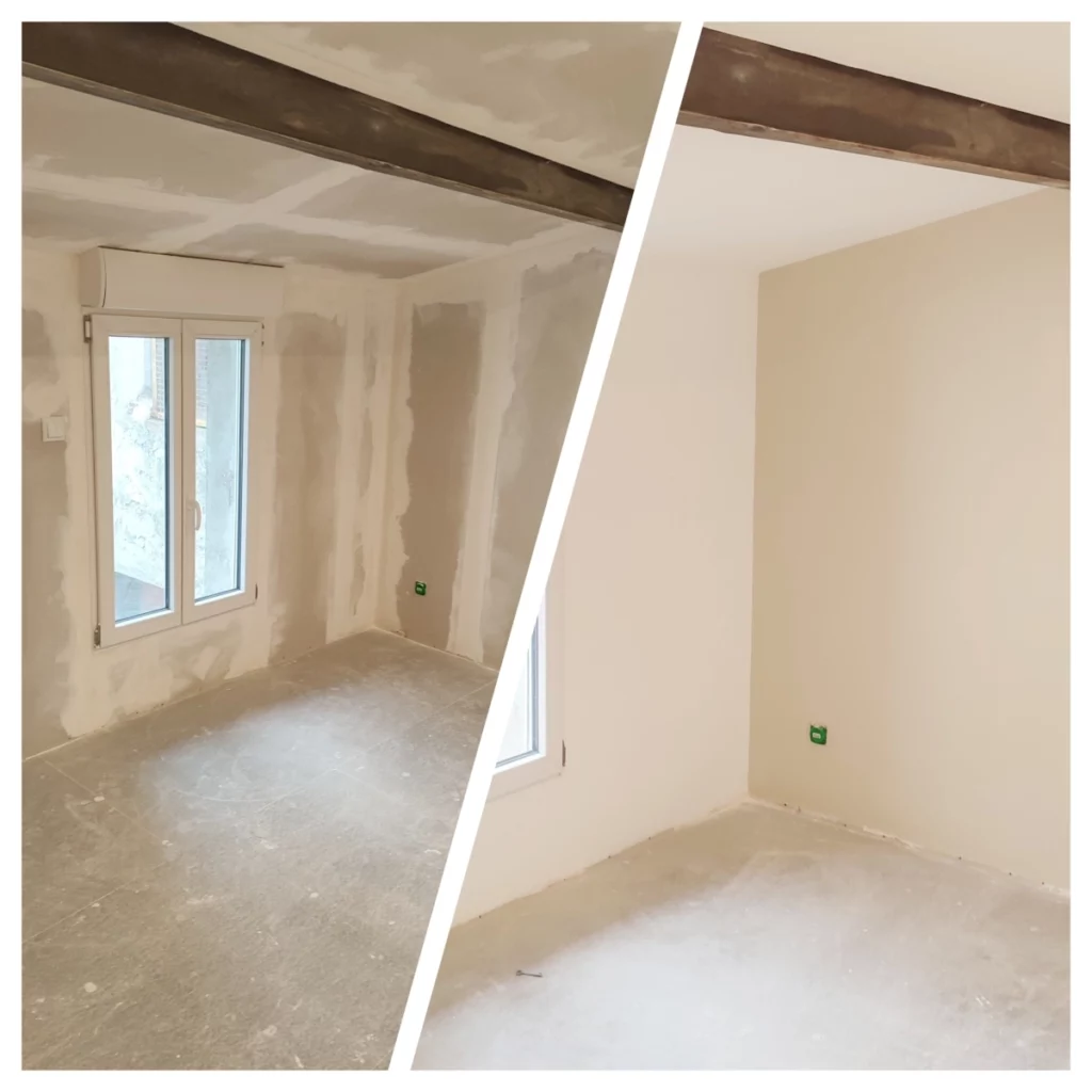 Avant/après, ponçage, mise en peinture sur placo neuf, réalisé par Piquemal Peinture peintre en bâtiment professionnel à saint Cyprien, Perpignan et alentours