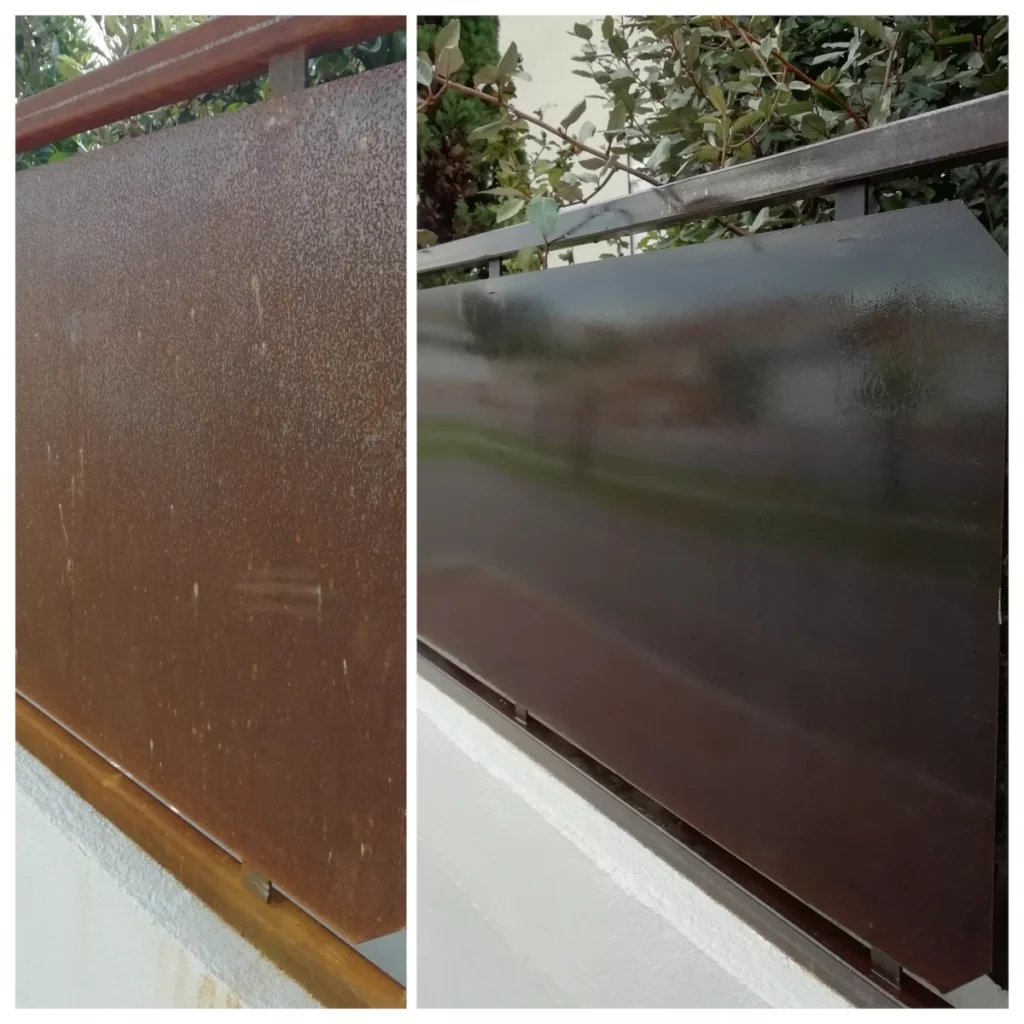 Avant/après, travaux de peinture extérieure sur fer, dérouillage, application d'une peinture antirouille sur clôture métallique Artisan peintre à Saint Cyprien