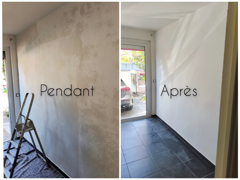 Lissage du mur à Perpignan et application d'une peinture blanche lessivable