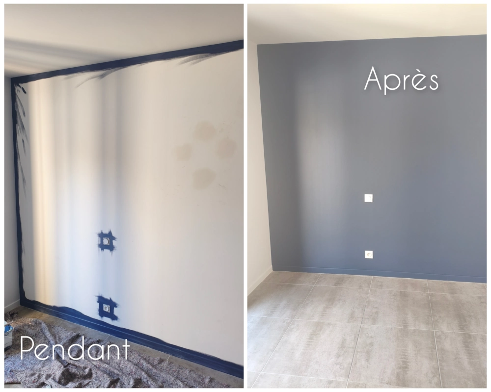 À Canohès, rafraîchissement des peintures dans cette chambre, mur d'accent bleu marine