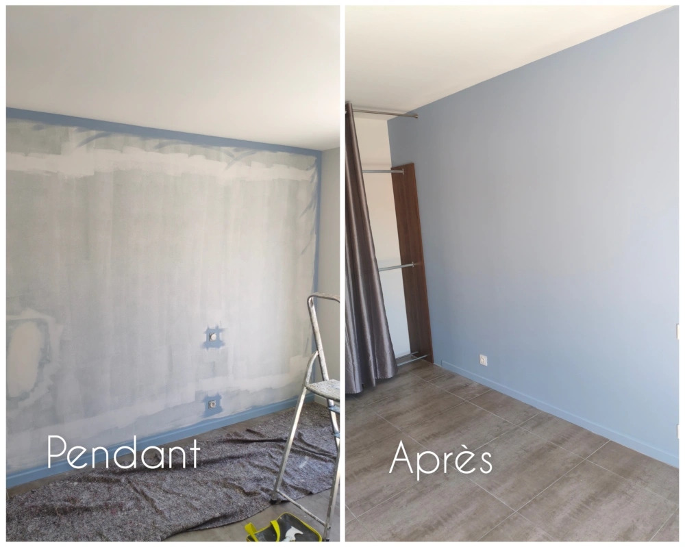 Rénovation des peinture des murs, rebouchage des trous, ponçage, finition velours, mur d'accent couleur dans cette chambre à Canohès