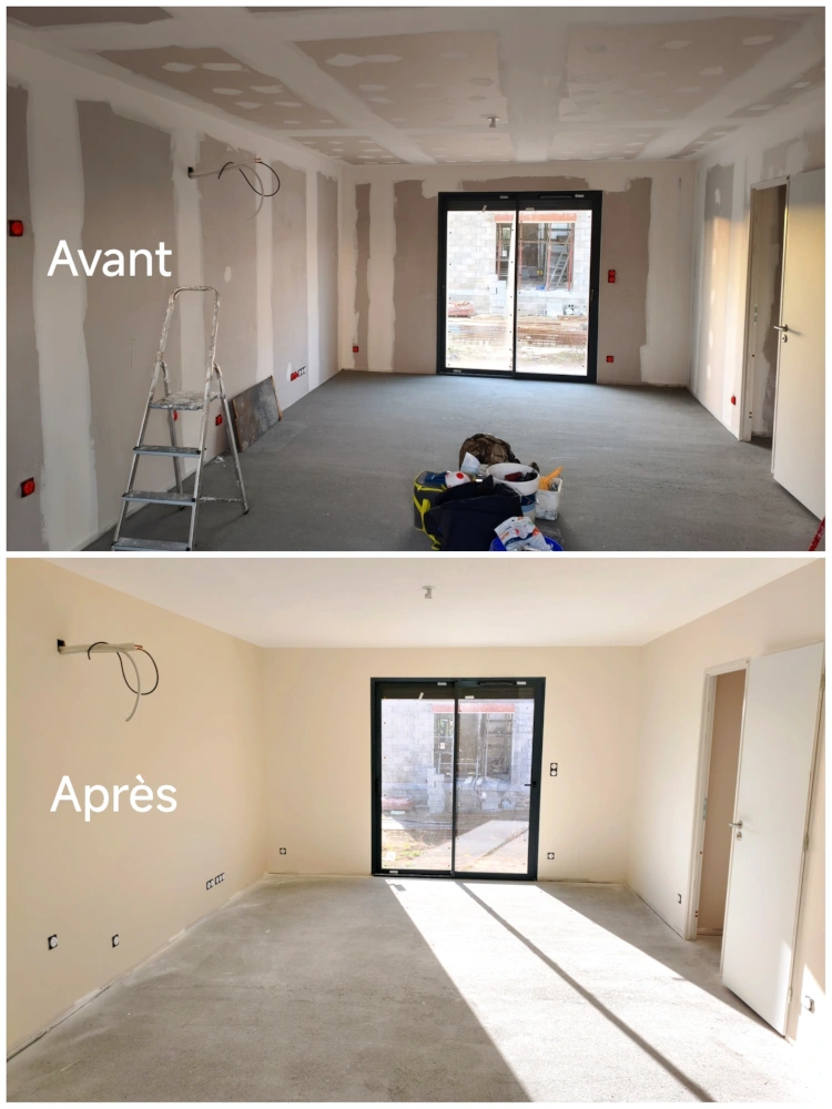 Construction neuve à Elne, salon poncé et mis en peinture avec teintes douces, finition velours