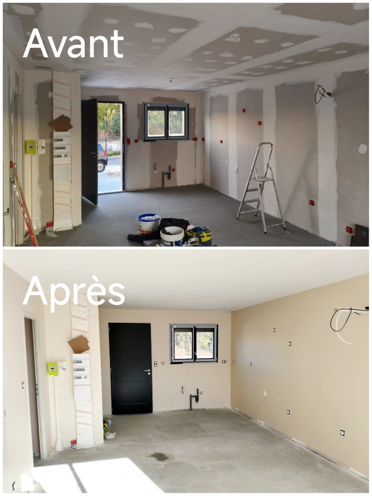 Ponçage des joints de placoplâtre et mise en peinture teinté velours, et mat blanc, séjour de maison neuve à Elne