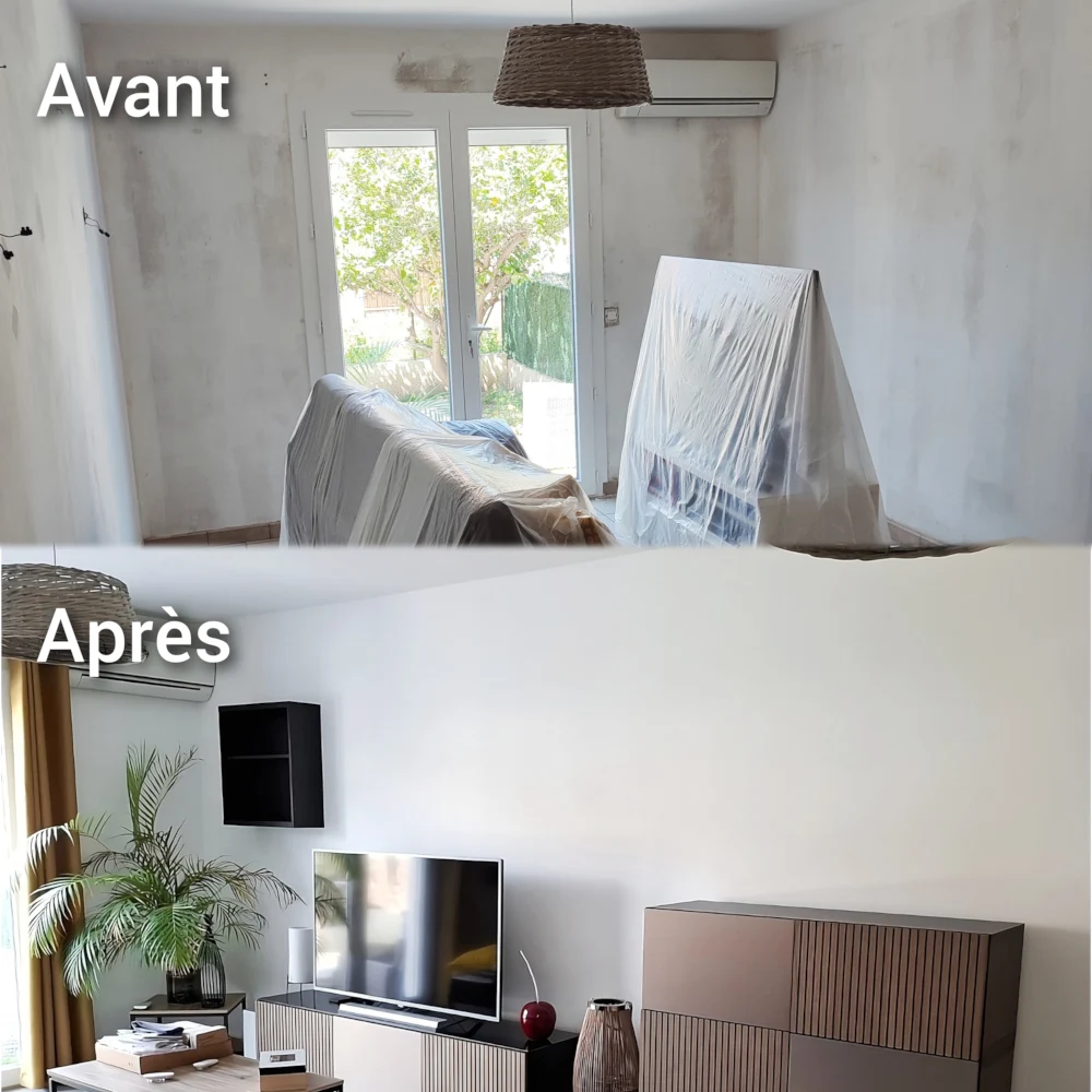 Pendant/après travaux peinture à Rivesaltes, detapissage, lissage des murs et peinture blanc velours lessivable