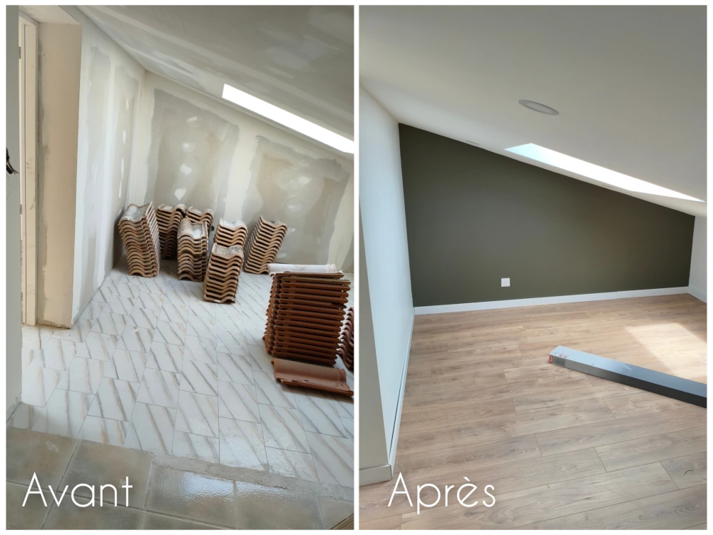 À Saint Cyprien, mise en peinture sur plaques de plâtres neuves, avec ponçage, mur d'accent vert profond