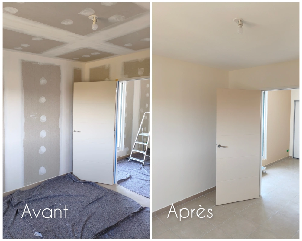 Chambre neuve d'extension d'une maison à Saint Cyprien village, ponçage des joints de placo et mise en peinture finition velours et teintes